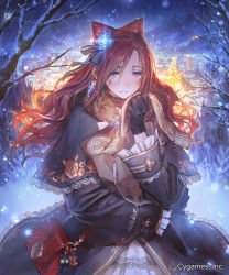 Rule 34 | 10s, 1girl, bag, bare tree, beige scarf, black coat, black gloves, blush, brown hair, building, capelet, ceres (shingeki no bahamut), choker, christmas lights, closed mouth, coat, company name, earrings, floral print, flower, glint, gloves, hair between eyes, hair flower, hair ornament, handbag, highres, holding, jewelry, lace, lace choker, light particles, long hair, night, official art, okada manabi, outdoors, paper bag, purple eyes, purple flower, purple rose, rose, scar, scar on face, shingeki no bahamut, skirt, smile, snow, snowing, solo, tree, watermark, wavy hair, white skirt