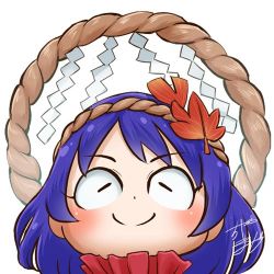 Rule 34 | 1girl, profile picture, chamaji, close-up, commentary, hair ornament, leaf hair ornament, lowres, purple hair, red shirt, rope, shimenawa, shirt, short hair, signature, smile, solo, tassel, touhou, white background, yasaka kanako