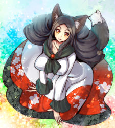 Rule 34 | 1girl, animal ears, black hair, blood, blood splatter, breasts, brooch, brown eyes, check commentary, collarbone, fingernails, floral print, imaizumi kagerou, jewelry, large breasts, long fingernails, long hair, long sleeves, looking at viewer, nail polish, open mouth, red nails, shirt, sitting, skirt, smile, solo, tail, touhou, umigarasu (kitsune1963), very long hair, wide sleeves, wolf ears, wolf tail