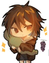 Rule 34 | 1boy, anya8028, black jacket, brown hair, chibi, chinese commentary, closed mouth, commentary request, cowboy shot, food, fruit, grapes, grey shorts, highres, holding, holding stuffed toy, isoi haruki, jacket, long sleeves, male focus, no nose, open clothes, open jacket, red pupils, saibou shinkyoku, shirt, shorts, simple background, solo, sparkle, stuffed animal, stuffed toy, white background, white shirt