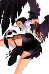Rule 34 | 1girl, ball, black feathers, black footwear, black hair, black skirt, blue eyes, facial mark, feathers, forehead mark, from behind, halo, highres, jewelry, official art, ortega (soccer spirits), real (ss), ring, shoes, skirt, soccer ball, soccer spirits, socks, solo, standing, standing on one leg, thumb ring, transparent background, white socks, wings