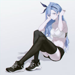 Rule 34 | 1girl, arm up, bare arms, bare shoulders, black footwear, black hairband, black shorts, black thighhighs, blue eyes, blue hair, bow hairband, breasts, cleavage, closed mouth, collarbone, commentary, commission, crossed legs, erospanda, full body, grey background, hairband, hand up, highres, knees up, long hair, medium breasts, bae minah (chaesu), navel, original, shadow, shoes, short shorts, shorts, sitting, sneakers, solo, sports bra, thighhighs, very long hair