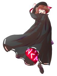 Rule 34 | 1girl, alphes (style), bow, brown eyes, brown hair, cape, clothes writing, dairi, full body, glasses, hat, hat bow, parody, red-framed eyewear, short hair, skirt, solo, style parody, tears, torn clothes, touhou, transparent background, usami sumireko, white background