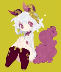 Rule 34 | 10r (tulipano), 1girl, blush stickers, boots, breasts, child, clothing request, commentary request, copyright request, detached horns, horns, knees together feet apart, medium hair, musical note, own hands together, red eyes, red horns, silver hair, sitting, small breasts, smile, solo, symbol-shaped pupils, tail, yellow background, yellow pupils