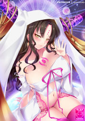 Rule 34 | 1girl, artist name, bad id, bad pixiv id, bare shoulders, black hair, blush, breasts, cleavage, collarbone, covered erect nipples, detached sleeves, earrings, facial mark, fate/grand order, fate (series), forehead mark, gainoob, garter straps, glint, head tilt, horns, jewelry, lace, lace-trimmed panties, lace trim, large breasts, long hair, long sleeves, looking at viewer, navel, panties, parted bangs, pink thighhighs, sessyoin kiara, sidelocks, sitting, smile, solo, tattoo, thighhighs, underwear, veil, very long hair, wavy hair, yellow eyes