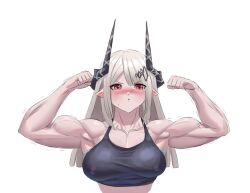 Rule 34 | 1girl, arknights, blush, double biceps pose, flexing, gloves, hammer, horns, jacket, long hair, looking at viewer, mr cheesedong, mudrock (arknights), mudrock (elite ii) (arknights), muscular, muscular female, open clothes, open jacket, pointy ears, pout, red eyes, solo, sweat, tank top, toned, white background, white hair