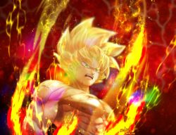 Rule 34 | 1boy, abs, artist name, aura, blonde hair, commentary, dragon ball, dragonball z, electricity, furrowed brow, green eyes, male focus, muscular, muscular male, nipples, no pupils, open mouth, pectorals, red background, sanpaku, scratches, topless male, solo focus, son goku, sparkle, spiked hair, super saiyan, symbol-only commentary, tarutobi, twitter username, upper body