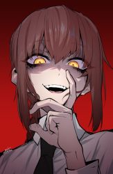 Rule 34 | 1girl, brown hair, chainsaw man, gradient background, j.k., looking at viewer, makima (chainsaw man), necktie, red background, ringed eyes, shaded face, shirt, smile, solo, teeth, upper body, upper teeth only, white shirt, yellow eyes
