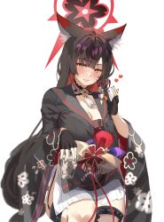 Rule 34 | 1girl, absurdres, animal ears, black gloves, black hair, black kimono, black nails, blue archive, blush, breasts, cleavage, commentary request, fishnet thighhighs, fishnets, floral print, fox ears, fox girl, garter straps, gloves, halo, heart, highres, horin, japanese clothes, kimono, large breasts, looking at viewer, nail polish, print kimono, red halo, simple background, solo, thighhighs, wakamo (blue archive), white background, yellow eyes