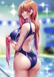 Rule 34 | 1girl, absurdres, ass, back cutout, bare shoulders, blue one-piece swimsuit, blurry, blurry background, breasts, brown hair, clothing cutout, competition swimsuit, cowboy shot, from behind, half-closed eyes, hanikami kanojo, highres, holding, holding towel, kurumi shinoha, large breasts, lights, long hair, looking at viewer, looking back, mole, mole under mouth, one-piece swimsuit, parted lips, piromizu, poolside, purple eyes, scan, shiny clothes, shoulder blades, sidelocks, smile, solo, swimsuit, thighs, towel, water drop, wet, wiping face