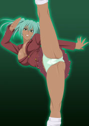 Rule 34 | 1girl, breasts, cameltoe, cleavage, dark-skinned female, dark skin, female focus, gradient background, green eyes, green hair, groin, hands up, highres, ikkitousen, large breasts, legs, lime (purple haze), looking at viewer, matching hair/eyes, panties, parted lips, ryofu housen, school uniform, simple background, skirt, smile, solo, standing, standing on one leg, thighs, twintails, underwear, upskirt