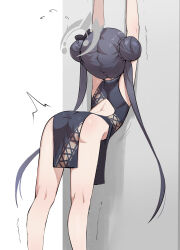 Rule 34 | 1girl, absurdres, against wall, ass, back, back cutout, bare legs, black dress, black hair, blue archive, china dress, chinese clothes, clothing cutout, double bun, dress, feet out of frame, flying sweatdrops, from behind, hair bun, halo, highres, hirotaka0125, kisaki (blue archive), kneepits, long hair, solo, stretching, trembling, twintails, very long hair, wall