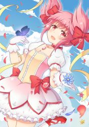 Rule 34 | 10s, 1girl, blush, bubble skirt, bug, butterfly, choker, flower, gloves, highres, insect, kaname madoka, kuta (shi cai), leg up, looking at viewer, magical girl, mahou shoujo madoka magica, mahou shoujo madoka magica (anime), open mouth, pink eyes, pink hair, shoes, short twintails, skirt, smile, solo, standing, standing on one leg, tears, twintails, white gloves