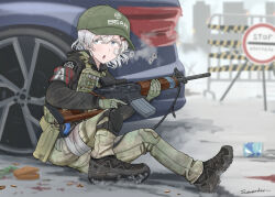 Rule 34 | 1girl, armband, artist name, assault rifle, bandage on face, bandage on leg, bandages, baseball cap, black footwear, black jacket, blue eyes, blurry, bullet hole, bulletproof vest, camouflage, can, car, depth of field, english text, escape from tarkov, glock, gloves, glowstick, green gloves, green hat, green pants, gun, gun sling, hair between eyes, hair ornament, hairclip, handgun, hat, highres, holding, holding weapon, holster, hood, hooded jacket, jacket, knee pads, long sleeves, m4 carbine, medium hair, motor vehicle, open mouth, optical sight, original, outdoors, pants, rifle, savankov, shell casing, shoes, single knee pad, sitting, snow, snowing, solo, trigger discipline, weapon, white hair