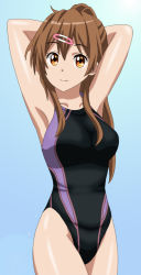 Rule 34 | 1girl, alternate hairstyle, black one-piece swimsuit, blue background, brown eyes, brown hair, chuunibyou demo koi ga shitai!, commentary request, competition swimsuit, cowboy shot, cp9a, hair ornament, hairclip, highleg, highleg swimsuit, long hair, looking at viewer, nibutani shinka, one-piece swimsuit, parted lips, ponytail, smile, solo, swimsuit