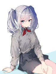 Rule 34 | 1girl, absurdres, blue eyes, collared shirt, commentary request, dress shirt, grey hair, grey shirt, grey skirt, highres, kantai collection, kashima (kancolle), neckerchief, pleated skirt, red neckerchief, shirt, simple background, sitting, skirt, solo, tsurime, twintails, wavy hair, white background, yamamori oyatsu