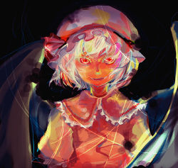 Rule 34 | 1girl, bat wings, cis (carcharias), dark, female focus, hat, hat ribbon, looking at viewer, mob cap, puffy short sleeves, puffy sleeves, red eyes, red ribbon, remilia scarlet, ribbon, short hair, short sleeves, smile, solo, touhou, upper body, white hair, wings