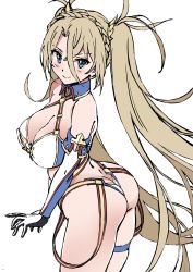 Rule 34 | 1girl, ameyame, ass, bare shoulders, blonde hair, blue eyes, bradamante (fate), bradamante (third ascension) (fate), braid, detached collar, elbow gloves, fate/grand order, fate (series), french braid, gloves, highres, leotard, long hair, looking at viewer, sketch, smile, solo, strapless, strapless leotard, twintails