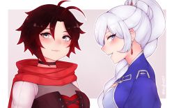 Rule 34 | 2girls, black choker, black hair, blue eyes, bluefield, blush, breasts, cape, choker, commentary, earrings, face, from side, grey eyes, hair between eyes, highres, jewelry, long hair, looking at viewer, multicolored hair, multiple girls, ponytail, red hair, ruby rose, rwby, scar, scar across eye, scar on face, short hair, smile, weiss schnee, white hair