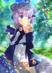 Rule 34 | 1girl, ahoge, black jacket, blue eyes, blurry, blurry background, blush, bread, character request, closed mouth, commentary request, day, depth of field, double bun, dress, food, hair bun, hair ornament, hairclip, holding, holding food, indie virtual youtuber, jacket, kou hiyoyo, long sleeves, looking away, melon bread, off shoulder, open clothes, open jacket, outdoors, puffy long sleeves, puffy sleeves, purple hair, sitting, sleeves past wrists, solo, virtual youtuber, white dress