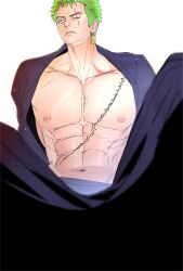 Rule 34 | 1boy, abs, bare pectorals, black kimono, earrings, eg (eastg111), feet out of frame, from below, green hair, highres, japanese clothes, jewelry, kimono, large pectorals, male focus, muscular, muscular male, navel, nipples, one eye closed, one piece, open clothes, pectorals, roronoa zoro, scar, scar across eye, scar on chest, scar on face, short hair, sideburns, single earring, solo