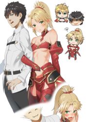 Rule 34 | 1boy, 2girls, :3, ahoge, artoria pendragon (fate), artoria pendragon (lancer) (fate), black hair, blonde hair, blush, breasts, chibi, chibi inset, cleavage, comic, commentary, crown, detached collar, detached sleeves, embarrassed, fate/grand order, fate (series), fujimaru ritsuka (male), green eyes, hetero, highres, juliet sleeves, large breasts, locked arms, long sleeves, midriff, mordred (fate), mordred (fate/apocrypha), multiple girls, pelvic curtain, puffy sleeves, saruchitan, short hair, short ponytail, small breasts, spiked hair, surprised, underboob, wavy mouth