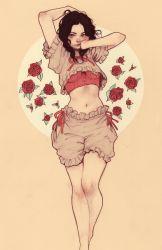 Rule 34 | 1girl, arms up, black hair, crop top, feet out of frame, flower, frills, hand on own face, hand on own head, highres, jasmin darnell, long hair, looking at viewer, midriff, navel, original, red flower, red rose, rose, shorts, simple background, solo, yellow background