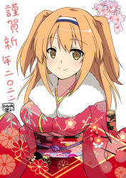 Rule 34 | 1girl, 2022, blush, brown eyes, closed mouth, floral print, fur-trimmed kimono, fur trim, hair between eyes, hairband, happy new year, hinase (jet hearts), i-26 (kancolle), japanese clothes, kantai collection, kimono, light brown hair, long hair, long sleeves, new year, obi, pink kimono, print kimono, sash, signature, smile, solo, two-tone hairband, two side up, wide sleeves