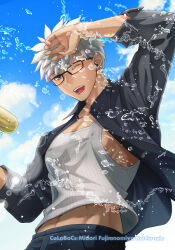 Rule 34 | 1boy, alternate costume, archer (fate), archer (summer casual) (fate), arm up, black pants, brown eyes, dark-skinned male, dark skin, fate/grand order, fate/stay night, fate (series), glasses, male focus, midriff peek, muscular, muscular male, official alternate costume, one eye closed, open clothes, open mouth, open shirt, pants, rinrinri (fujimiya), shirt, short hair, smile, solo, tank top, undershirt, white hair, white tank top