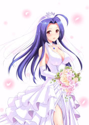 Rule 34 | 1girl, ahoge, bouquet, breasts, cleavage, crown, dress, elbow gloves, flower, gloves, idolmaster, idolmaster (classic), jewelry, large breasts, long hair, looking at viewer, miura azusa, necklace, open mouth, purple hair, red eyes, solo, veil, wedding, wedding dress, yuushi, yuushi (renkun)