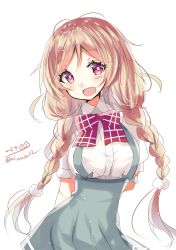 Rule 34 | 1girl, blush, bow, bowtie, braid, breasts, cloud hair ornament, gradient hair, highres, hizaka, kantai collection, large breasts, light brown hair, long hair, looking at viewer, minegumo (kancolle), multicolored hair, one-hour drawing challenge, open mouth, plaid, plaid bow, plaid bowtie, plaid neckwear, pleated skirt, red bow, red bowtie, red eyes, school uniform, shirt, short sleeves, simple background, skirt, smile, solo, suspenders, twin braids, twitter username, white background, white shirt