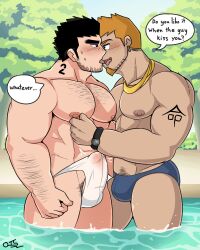 Rule 34 | 2boys, abs, absurdres, arm hair, bara, black hair, blue male swimwear, blush, brown hair, bulge, chest hair, english text, erection, erection under clothes, facial hair, goatee, highres, large pectorals, lucas&#039;s ginger friend, lucas lee, male focus, male swimwear, multiple boys, muscular, muscular male, navel, nipples, number tattoo, pectorals, scott pilgrim (series), scott pilgrim takes off, short hair, tattoo, tawan.lupin, tongue, tongue out, watch, white male swimwear, wristwatch, yaoi