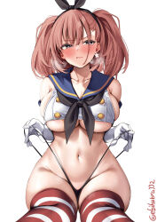 Rule 34 | 1girl, atlanta (kancolle), averting eyes, black panties, blush, breasts, brown hair, cosplay, crop top, earrings, ebifurya, elbow gloves, gloves, hairband, highleg, highleg panties, highres, jewelry, kantai collection, large breasts, long hair, looking to the side, navel, panties, sailor collar, shimakaze (kancolle), shimakaze (kancolle) (cosplay), solo, star (symbol), star earrings, stomach, striped clothes, striped thighhighs, thighhighs, twitter username, two side up, underboob, underwear, white background, white gloves