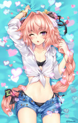 Rule 34 | 1boy, ahoge, arm up, artist name, astolfo (fate), astolfo (sugar vacation) (fate), bangle, bead bracelet, beads, bed sheet, bikini, bikini under clothes, black bikini, black bow, blush, bow, bracelet, braid, chestnut mouth, collarbone, collared shirt, commentary, cowboy shot, crop top, dakimakura (medium), denim, denim shorts, eisocool, eyelashes, fang, fate/apocrypha, fate (series), flower, from above, hair between eyes, hair bow, hair flower, hair intakes, hair ornament, half-closed eye, hand up, heart, highleg, highleg bikini, jewelry, long hair, long sleeves, looking at viewer, lying, male focus, multicolored hair, navel, official alternate costume, on back, one eye closed, open clothes, open mouth, open shirt, open shorts, pink flower, pink hair, purple eyes, sheet grab, shirt, short shorts, shorts, side-tie bikini bottom, single braid, sleeves rolled up, solo, stomach, streaked hair, swimsuit, tied shirt, trap, two-tone hair, unbuttoned, very long hair, white hair, white shirt, wide hips, wing collar, yellow flower