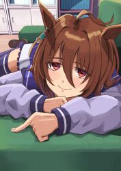 Rule 34 | 1girl, absurdres, agnes tachyon (umamusume), ahoge, animal ears, blush, bow, brown hair, closed mouth, commentary request, coralreef966, couch, earrings, hair between eyes, highres, horse ears, horse girl, horse tail, indoors, jewelry, long sleeves, messy hair, on couch, pleated skirt, purple serafuku, purple shirt, purple skirt, purple thighhighs, red eyes, sailor collar, school uniform, serafuku, shirt, short hair, single earring, skirt, smile, solo, tail, thighhighs, tracen school uniform, umamusume, white bow, winter uniform