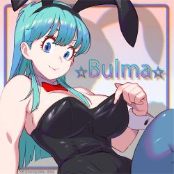Rule 34 | 1girl, animal ears, aqua hair, arm at side, arm support, bare arms, bare shoulders, beige background, black leotard, blue border, blue eyes, blue pantyhose, blunt bangs, border, bow, bowtie, breasts, bulma, character name, chromatic aberration, closed mouth, clothes tug, detached collar, dragon ball, dragon ball (classic), eyelashes, fake animal ears, fingernails, gradient background, grey background, hair behind ear, hand up, knee up, large breasts, leotard, lips, long hair, looking at viewer, orange background, pantyhose, playboy bunny, rabbit ears, red bow, red bowtie, shadow, shiny clothes, shiny legwear, shiny skin, sideboob, sidelighting, sidelocks, simple background, smile, solo, star (symbol), straight hair, strapless, strapless leotard, teeth, text focus, tight clothes, twitter username, wrist cuffs, yonezawa mao