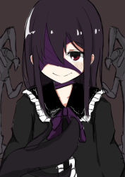 Rule 34 | 1girl, ageha (ray-k), black background, black dress, black hair, butterfly affection, center frills, commentary, dress, extra arms, eyepatch, frilled shirt collar, frills, hair between eyes, hand on own chest, highres, long hair, long sleeves, looking at viewer, monster girl, neck ribbon, nekosakaaa, purple ribbon, red eyes, ribbon, simple background, sketch, smile, solo, tentacles, upper body