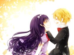 Rule 34 | 1boy, 1girl, black hair, blonde hair, bow, bowtie, chloe ardenne, chloe no requiem, dress, closed eyes, formal, hair bow, hand on another&#039;s face, long hair, michel d&#039;alembert, open mouth, short hair, smile, tears, traditional bowtie