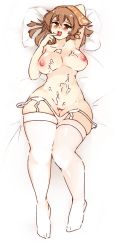 Rule 34 | 1girl, :d, bed sheet, blush, breasts, brown hair, cum, cum on body, dakimakura (medium), hair ornament, highres, ibarazaki meiko, katawa shoujo, looking at viewer, lying, medium breasts, mole, on back, open mouth, rtil, short hair, smile, solo, thighhighs, uncensored, white thighhighs