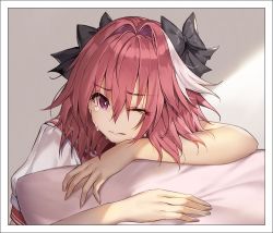 Rule 34 | 1boy, astolfo (fate), astolfo (sailor paladin) (fate), black bow, bow, closed mouth, commentary request, fate/apocrypha, fate/grand order, fate (series), hair between eyes, hair bow, hair intakes, male focus, multicolored hair, one eye closed, pink hair, purple eyes, sad, school uniform, serafuku, short sleeves, solo, suou-sensei, tears, trap, two-tone hair, upper body, white hair