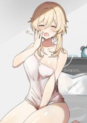 Rule 34 | 1girl, bare arms, bare legs, bare shoulders, bed, blonde hair, blush, bottomless, breasts, closed eyes, genshin impact, hair between eyes, highres, kuromu shado, legs, lumine (genshin impact), medium breasts, naked shirt, no bra, open mouth, pillow, shirt, short hair, short hair with long locks, sidelocks, sitting, sleepy, solo, squeans, thighs, waking up, white shirt, yawning