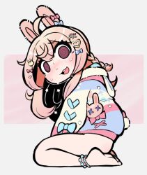 Rule 34 | 1girl, @ @, absurdres, ahoge, animal ears, animal hood, anklet, barefoot, between legs, blush, bow, braid, braided ponytail, hair between eyes, hair bow, hair ornament, hand between legs, highres, hood, jacket, jewelry, kneeling, long hair, looking at viewer, multicolored clothes, multicolored jacket, no panties, notepaddy, open mouth, phase connect, pipkin pippa, pipkin pippa (1st costume), rabbit ears, rabbit girl, rabbit hood, rabbit tail, sidelocks, simple background, sweat, tail, virtual youtuber