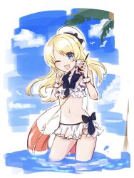 Rule 34 | 1girl, bikini, blonde hair, blue eyes, bow, cloud, cup, day, disposable cup, hat, highres, holding, holding cup, innertube, jervis (kancolle), kantai collection, long hair, nikai kara momoshio, one-hour drawing challenge, one eye closed, open mouth, outdoors, palm tree, partially submerged, sky, solo, swim ring, swimsuit, tree, w, water, white bikini, white hat