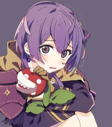Rule 34 | 1girl, ahoge, ap bar, bernadetta von varley, bow, crossover, earrings, eyes visible through hair, fire emblem, fire emblem: three houses, gloves, hair bow, jewelry, knees to chest, leather, leather gloves, long sleeves, looking at viewer, nintendo, open mouth, piranha plant, purple background, purple eyes, purple hair, short hair, simple background, sitting, solo, stuffed toy, tareme, tears, wavy mouth