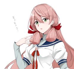 Rule 34 | 10s, 1girl, akashi (kancolle), breasts, green eyes, hair between eyes, hair ribbon, kantai collection, layered sleeves, long hair, long sleeves, looking at viewer, morinaga miki, open mouth, pink hair, puffy short sleeves, puffy sleeves, ribbon, school uniform, serafuku, short over long sleeves, short sleeves, simple background, solo, translation request, tress ribbon, twintails, upper body, white background