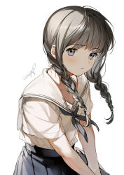 Rule 34 | 1girl, absurdres, almic, blue eyes, blue skirt, blush, braid, brown hair, collarbone, highres, long hair, looking at viewer, low twin braids, low twintails, neckerchief, original, parted lips, pleated skirt, sailor collar, school uniform, serafuku, shirt, short sleeves, signature, simple background, skirt, solo, twin braids, twintails, upper body, white background, white sailor collar, white shirt