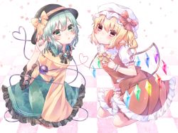 Rule 34 | 2girls, :o, black headwear, blonde hair, bow, bowtie, breasts, brooch, checkered floor, chestnut mouth, commentary request, crystal, flandre scarlet, floral print, frilled shirt collar, frills, green eyes, green hair, green nails, green skirt, hair between eyes, hat, hat bow, hayu (hayu e), heart, heart of string, highres, jewelry, komeiji koishi, long sleeves, looking at viewer, multiple girls, nail polish, one side up, parted lips, petticoat, pinky out, pointy ears, puffy short sleeves, puffy sleeves, purple eyes, red bow, red skirt, red vest, seiza, shirt, short hair, short sleeves, sitting, skirt, small breasts, star (symbol), starry background, string, string of fate, thigh strap, third eye, tile floor, tiles, touhou, vest, wide sleeves, wings, yellow bow, yellow neckwear, yellow shirt