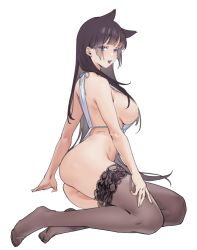 Rule 34 | 1girl, animal ears, apron, ass, black hair, black thighhighs, blue eyes, blush, breasts, cat ears, kurumi (recycllamo), large breasts, long hair, looking at viewer, nearly naked apron, open mouth, original, sideboob, simple background, sitting, solo, thighhighs, tongue, tongue out, white background, yokozuwari