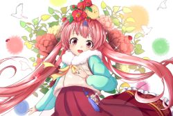 Rule 34 | 1girl, absurdly long hair, blush, character request, copyright request, flower, long hair, long sleeves, looking at viewer, open mouth, pink eyes, pink hair, saltycaramel, smile, solo, twintails, very long hair