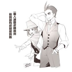 Rule 34 | 1boy, 1girl, breasts, cape, closed mouth, dress, ejami, gloves, ace attorney, apollo justice: ace attorney, hat, magician, monochrome, trucy wright, apollo justice, open mouth, short hair, simple background, smile, top hat, white background